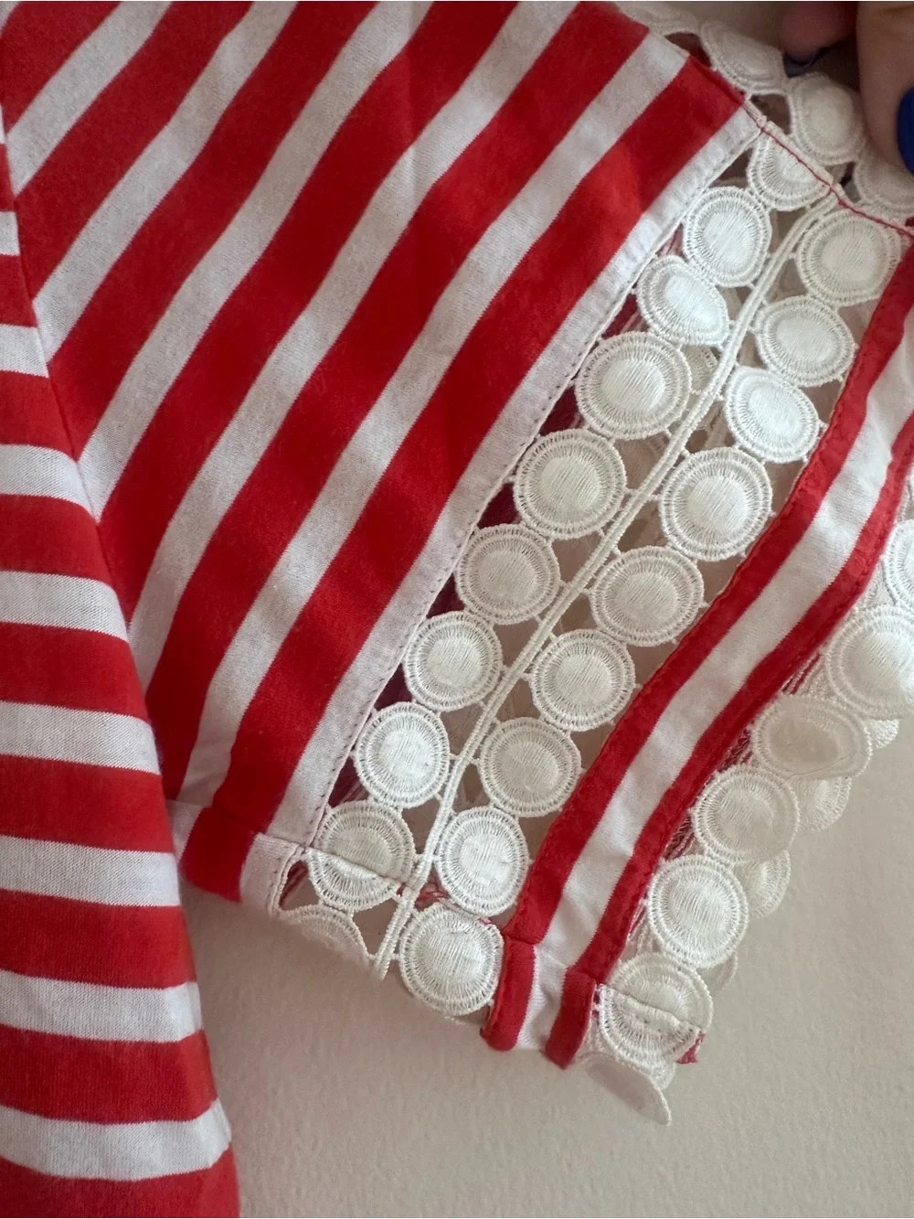 J. Crew Red & White Striped Lace-Trim Short Sleeve Tee